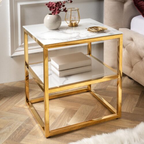 ELEGANCE fehér és arany üveg lerakóasztal 45 cm