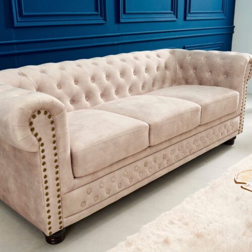 CHESTERFIELD bézs 3 személyes bársony kanapé