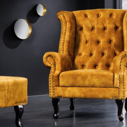 CHESTERFIELD mustársárga bársony fotel