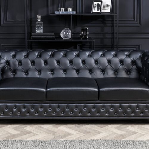 CHESTERFIELD 3 személyes fekete műbőr kanapé