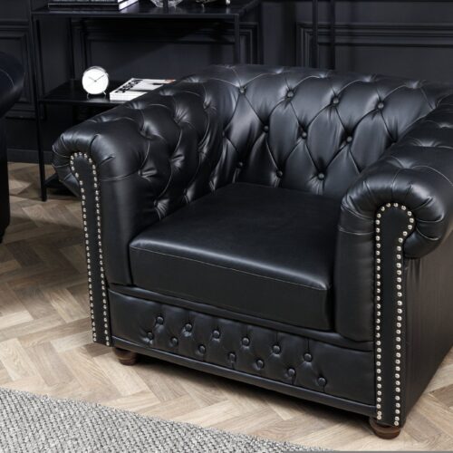 CHESTERFIELD fekete műbőr fotel