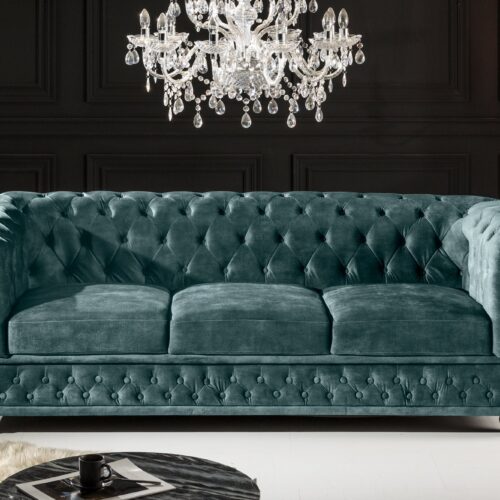 CHESTERFIELD 3 személyes sötét türkiz bársony kanapé