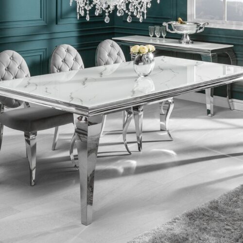 MODERN BAROCK fehér üveg márványmintás étkezőasztal 180cm